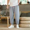 Męskie spodnie Summer japoński w stylu japońsku bawełniana i lniana luźne kolory stałe swobodne joggery streetwearne do kostki spodnie