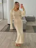 Casual Dresses 2024 Sexy Solid Women Ribbed Knit Ruffle Trim Long Dress Sleeve Bodycon Party Cocktail Flare Summer Beach Cover Up