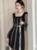 Lässige Kleider Frühling Fashion Lady Black Pailletten Abend Kurzkleid Frauen Kleidung elegant schiere sexy Square Collar Slim Party Prom Vestidos