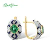 Backs Earrings SANTUZZA Authentic 925 Sterling Silver For Woman Sparkling Green Spinel Enamel Grand Solitaire Party Gifts Fine Jewelry