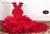 Cascading ruches Red Mermaid Prom Dresses Sexy V Neck Cap Sleeve Appliques Beads Long Train Party Evening Jurken Junior Draduation5923257