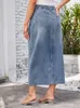 Röcke Benuynffy gewaschen die elastische Taille vorne geteilt Denim Lange Frauen Frühlingsstraße lässige Jeansrock mit Taschen