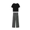 Women's Two Piece Pants Summer 2024 Minimalist Fashion Short T-shirt Gray Wide-leg Two-piece Suit