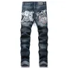 Herren Jeans Männer Schädel Stickerei Denim Streetwear Neon Patch Stretchhose Vintage Dark Blue Whisker Hosen