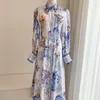 Lässige Kleider 2024 Blau und weißes Porzellan Blumendruck Langarm hochwertiger Midi -Kleid für Frauen