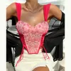 Kvinnors tankar Vemina street stil rosa halter v nack skörd topp spets 3d rosblommor korsett mode kvinnan rygglös sexig smal band