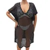 Plus size dameskleding strand Vacation Bikini Hollow Out Cover Ups Deep V Lace Splicing Mesh Dress voor Beachwear 2024