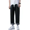 Jeans maschi uomini sciolti in forma larga elastica seta ghiacciata per pantaloni da viaggio sport scolastici streetwear