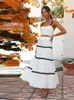 Wave Stripe Holiday Riemenkleid Set Feder Crop Top Elegant Ärmel und 2 PCs passende Sets Langer Rock A-Line Strandanzug 240418