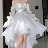 Bahar zarif beyaz kapalı omuz peri elbise şık prenses puf elbise örgü elbise düğün parti elbise 240424