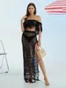 WSEVYPO Hollow Out Crochet Knit Beach COUSH-Ups Set Summer Women's Nappel Off-Shoulder Crop Tops e Gonne lunghe a fessura alta