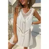 Resort Style Handhook Stitching V-neck Tank Top European And American A-line Skirt Hollow Sexy Beach Bikini Cover-up