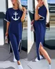 Casual Dresses Womens 2024 Summer Fashion Anchor Print slits Kort ärm Runda hals Daglig rak mitten av kalvklänningen