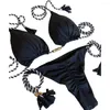 Dames badmode 2 stks/set backless touw halter riem split tassel bikini set geprinte sexy driehoek badpak badpak push omhoog