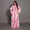 Ethnische Kleidung lose arabische Sommerkleider rosa rote Blätter bescheidene muslimische Abaya Kuwait Dubai marokkanischer Kaftan für Frauen 2024