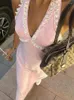 Casual Dresses Fantoye Sexig backless spetsar upp halter kvinnor maxi klänning rosa ärmlös kväll kvinnlig sommar mager elegant fest klubbkläder