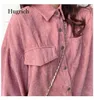 Women's Blouses Fashion Woman Corduroy Jacket Solid Shirt Single Breasted Turn Down Collar Long Sleeve Pocket Button Feminina
