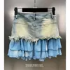 Skirts Firmranch Summer Washed Blue Denim MiniSkirt Patchwork Multi-layer Gradient Chiffon Half Dress Women A-line Tiered Skirt Girls
