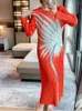 カジュアルドレスランレムフラワープリーツプリーツロングドレス袖の女性Oネックミッドカーフスリムエレガント2024パーティー服2Z1217