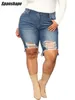 Rippade denimshorts plus storlek kvinnors grundläggande hög midja krullade smala stretchiga jeans sommar OUC1037 240422