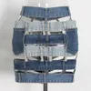 Röcke sexy hohl aus dem Patchwork Denim Cargo Womens 2024 Frühlings Sommer Mode Asymmetrische Blue Jeans Minirockkörper Faldas