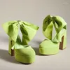 Sandals Pink/green Suede Round Toe Bow Heels Ankle Strap Platform Buckle Fashion Block Heel Women Summer Sweet Casual Dress Shoe