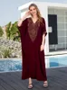 Wine Red Women's Embroidered Kaftan Bohemian Long Dress Homewear Cozy House Robe Beachwear Bathing Suit Cover Up Q1639