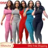 Pantalons de deux pièces pour femmes 10 en gros de printemps nervués côtelés Femmes Tracksuit T-shirt à manches courtes assorties tenues solides Spire Suits 9686