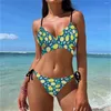 Dames badmode citroen citroens gele bikini zwempak dring omhoog zwart -witte strepen strand set dames sexy tie side slijtage