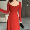 Casual Dresses Year Chic Elegant Annual Meeting Red Dress Fashion Women Solid Square Neck French Design Party Long Vestidos