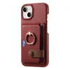 Design Multifunction Caso Casos iPhone Casos anel Kickstand Pure Color Card Inserir Lichee Pattern Leather Carteira Anti Drop Brown Para iPhone 15 Plus 14 13 12 11 Pro Max X