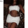 Werkjurken HLJ Sexy Solid Fur Slim Mini -rokken Tweedelige sets Damesbeha en Outfits Fashion Girl Matching Nightclub Streetwear