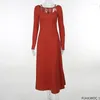 Casual Dresses Year Chic Elegant Annual Meeting Red Dress Fashion Women Solid Square Neck French Design Party Long Vestidos