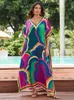 Bohemian красочное печатное платье Kaftan House Женщины 2024 Summer v Neck Batwing рукав на пляжной одежде.