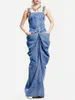 Casual Dresses Fashion Buckle Sleeveless Ruched Design Denim Maxi Dress Vintage Elegant Bodycon Party Straight For Summer 2024