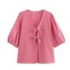 Women's Blouses Women Vintage Puff Sleeve V Neck Plaid Shirt Lace Up Summer Tops