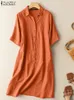 ZANZEA Women Vintage Summer Lapel Neck Shirt Dress Short Sleeve Casual Beach Midi Sundress Solid Buttons Holiday Cotton Vestidos 240423