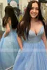 Party Dresses V-Neck Spaghetti Straps Pocket Lace Up Blue Sparkle Tulle A-Line Prom Evening Gowns Vestido Formatura Longo