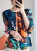 Women's Blouses Miyake geplooide zomer Gorgeour Flower T-shirt 2024 Hoogwaardige vrouwen rond kraag met lange mouwen Gedrukte stretch losse shirts