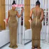 Ontwerper Casual jurken O-Neck Sparkly Rhinestone Bodycon Maxi Women Wedding Evening Backless Mesh Zie door Night Club verjaardagsfeestje Fashion jurk 203