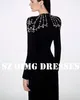 Robes de fête OIMG Design Longueur Longueur strass de sol Prom Saudi Arabe Femmes Satin Sirène Black Robes de soirée Robe Forme