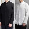 Chemises décontractées pour hommes chemises à manches longues colons debout de couleur solide style chinois traditionnel avec mandarin pour kung