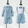Kledingsets Kinderkleding Boy Suits Spring Summer Pak Set Blazer overalls Bow Tie voor kinderen trouwfeest verjaardag pogoge kostuum
