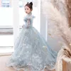 2024 Blue Luxury Flower Girls jurken Lange mouwen Lace Appliqued With Train TuLle Girl Pageant Ball Jurk Kinderen Formele feestjurk First Girls Communion Pageant -jurk