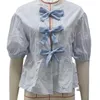 Camicette femminili puloru blu a strisce bowknot camicie anteriori legate per donne estate primavera grattale a mezza manica o collo in peplo camicetta