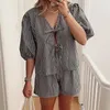 Women's Blouses Women Vintage Puff Sleeve V Neck Plaid Shirt Lace Up Summer Tops