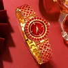 Armbanduhr 5pcs Frauen Mode Halskette Ohrring Ring Strass Set Red Casual Kleid Uhren Damen Runde Kristallarmband für