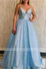 Party Dresses V-Neck Spaghetti Straps Pocket Lace Up Blue Sparkle Tulle A-Line Prom Evening Gowns Vestido Formatura Longo
