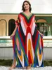 Bohemian красочное печатное платье Kaftan House Женщины 2024 Summer v Neck Batwing рукав на пляжной одежде.