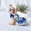 Vêtements pour chiens rétro gris bleu servante vêtements de compagnie de animal de compagnie moe à la main mignon arc princesse pour petit manteau de chiot chihuahua moyen
